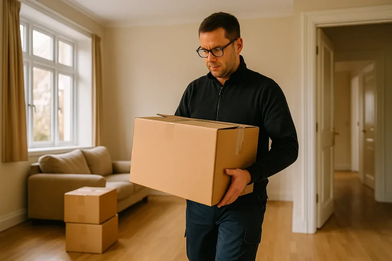 Ein professioneller Mitarbeiter trägt ein Karton aus einem gepflegten Wohnzimmer oder Flur