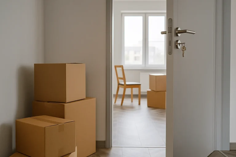 Eine geöffnete Wohnungstür mit Umzugskartons