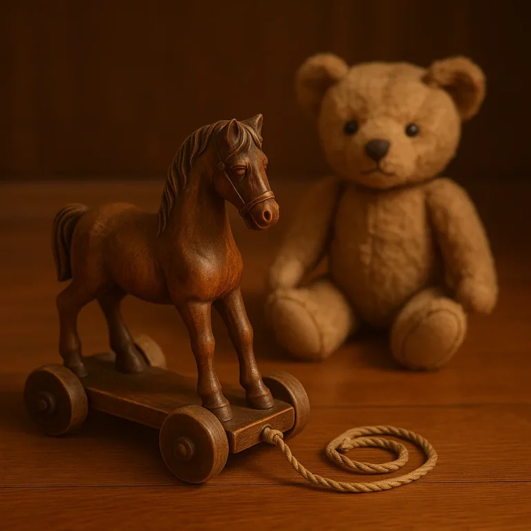 Holzspielzeug und Teddy im Morgenlicht