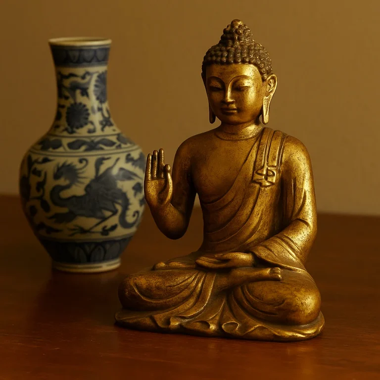 Buddha und Porzellanvase in Harmonie
