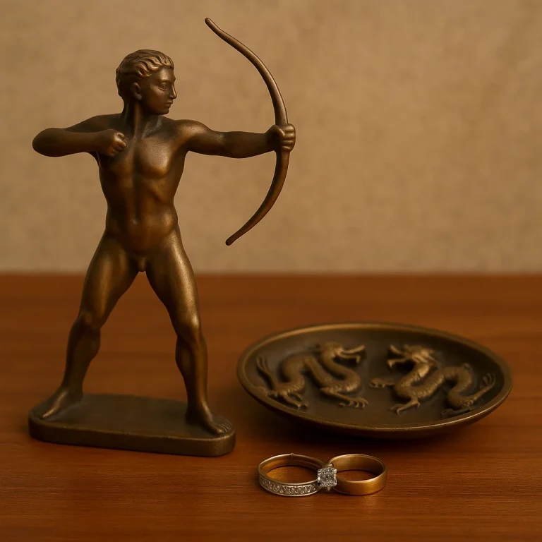 Bronzefigur eines Bogenschützen mit Drachen