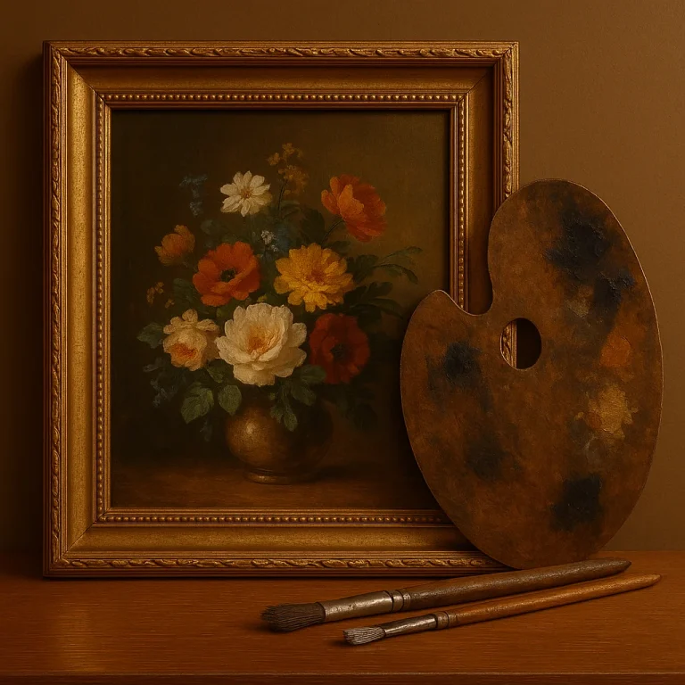 Blumige Kunst und Malutensilien