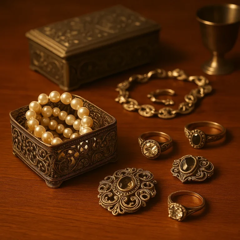 Antike Schmuckstücke auf Holzoberfläche