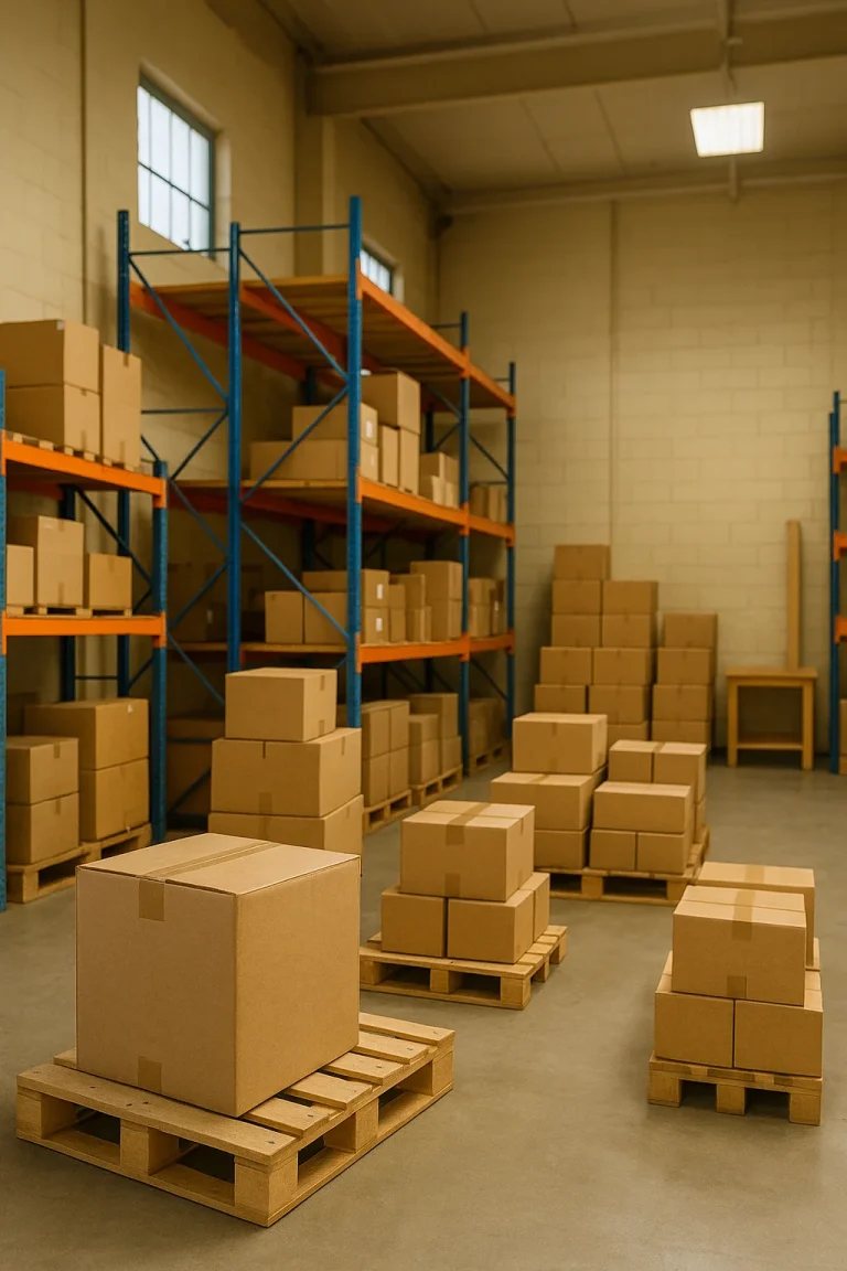 Industrielles Lager mit Regalen und Kisten