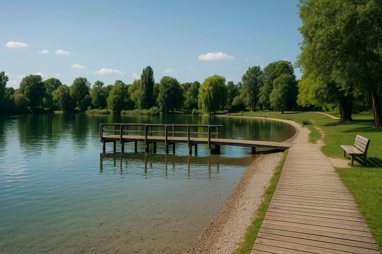 Germering - Ruhiger See mit Holzsteg und Bank
