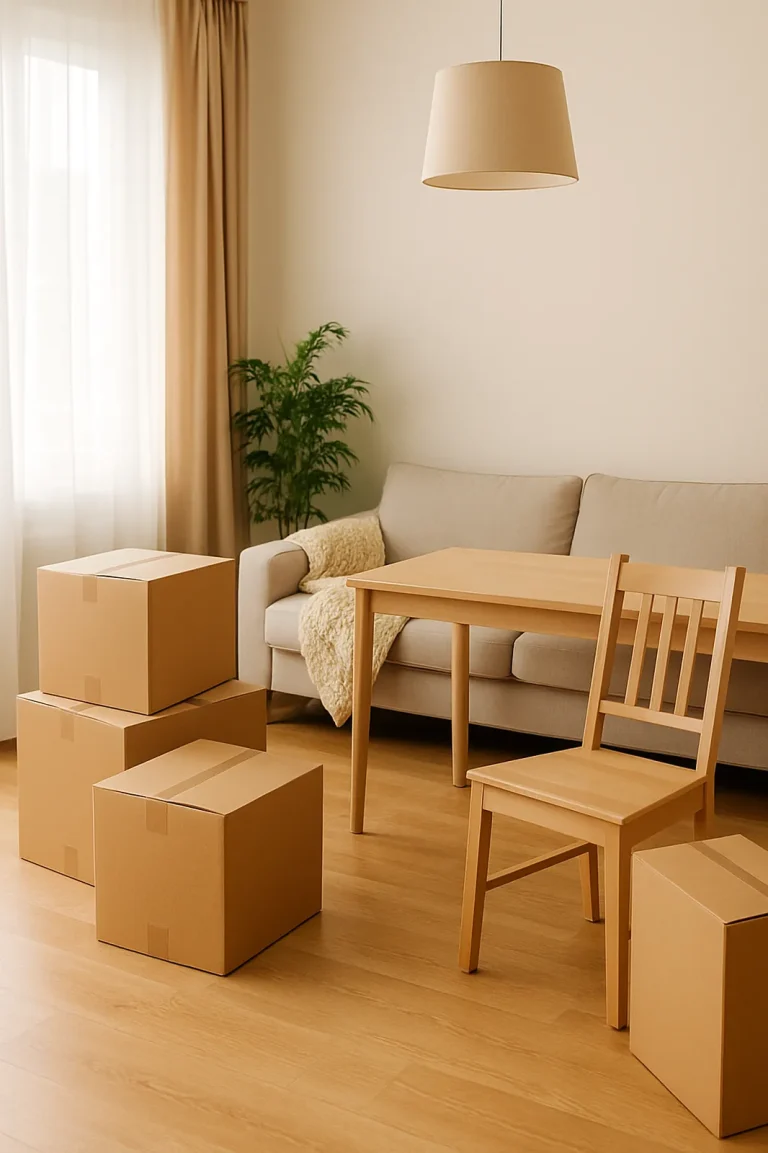 Raum mit Sofa und Kartons, bereit für die Haushaltsauflösung