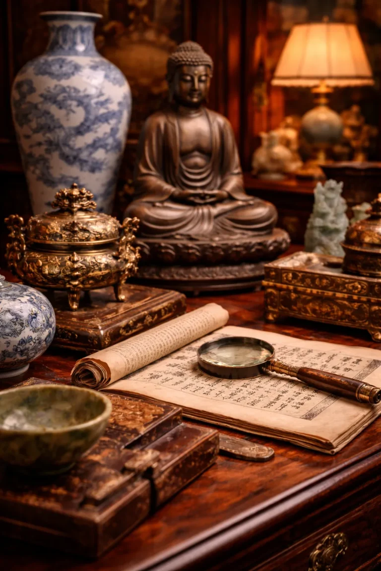 Antike asiatische Schätze auf Holztablett