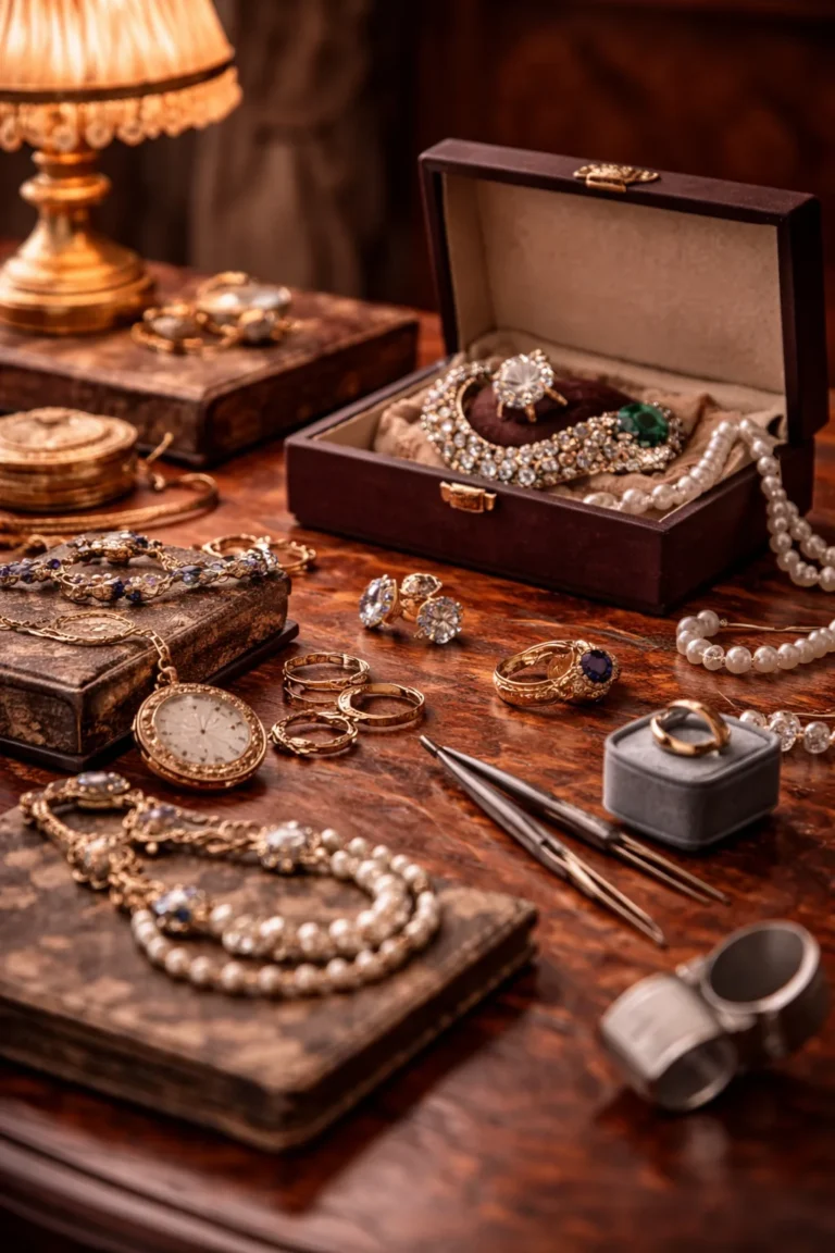 Antike Schmuckstücke auf Holztablett