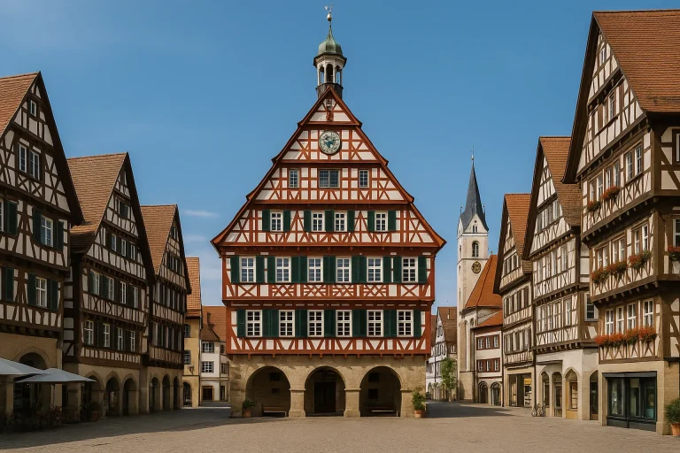 Kirchheim unter Teck - Häuser im Stadtplatz unter Himmel