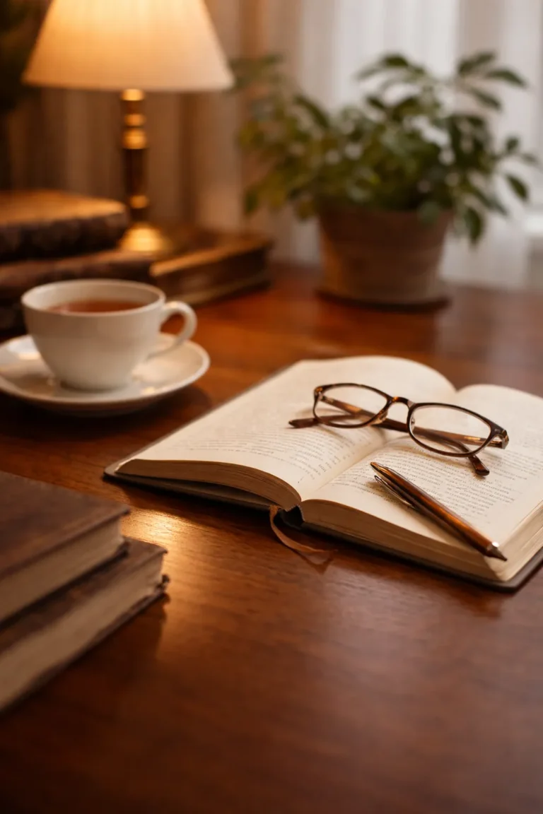 Gemütlicher Schreibtisch mit Tee und Notizen