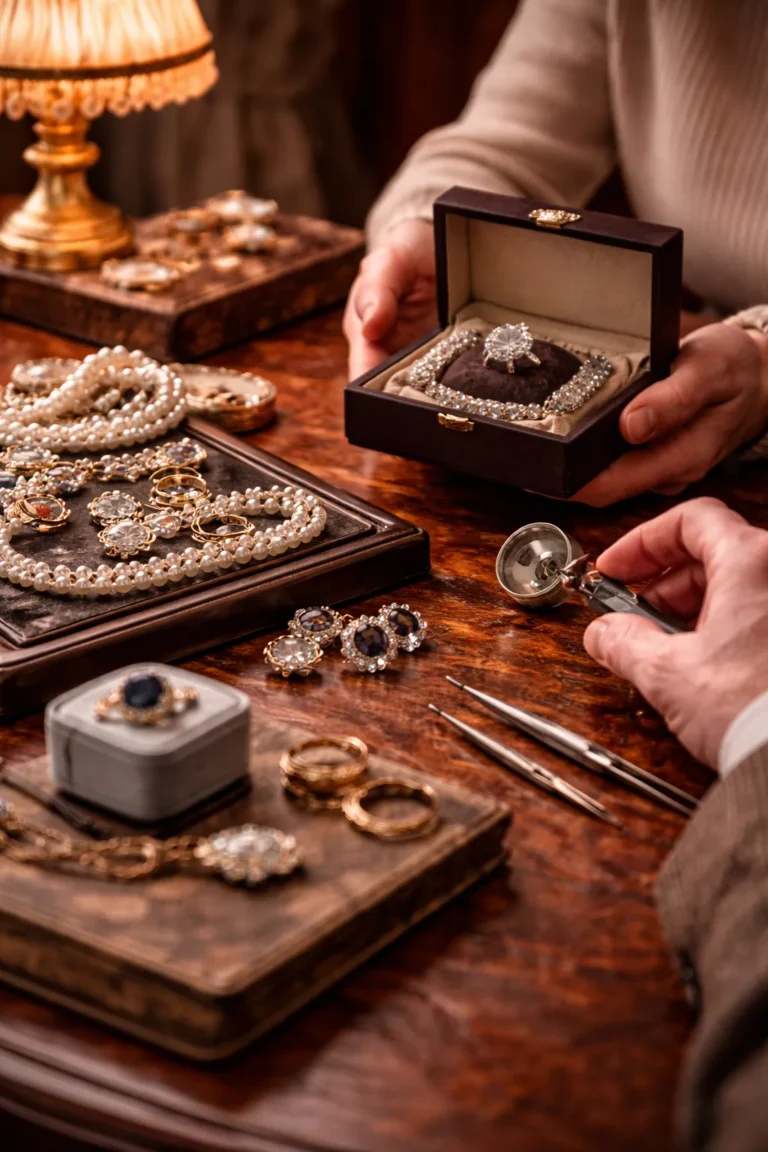 Juweleninspektion auf antikem Tisch