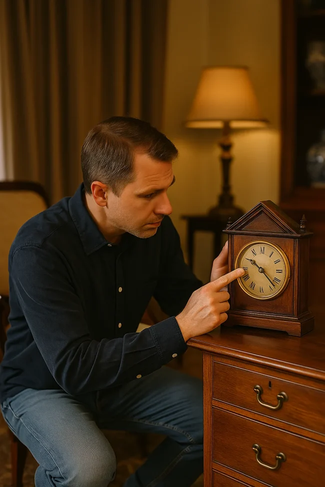 Mann beim Begutachten einer antiken Tischuhr
